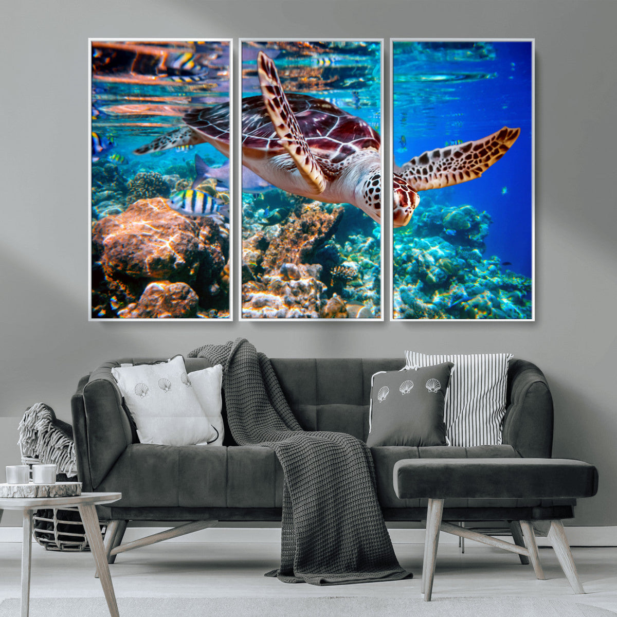 Underwater Coral Reef Sea Turtle Wall Art Canvas Print,