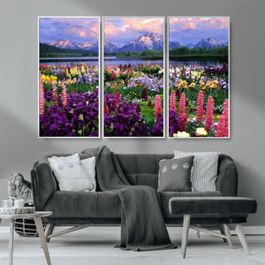 Vibrant Wildflower Garden and Mountain View Giclee Canvas