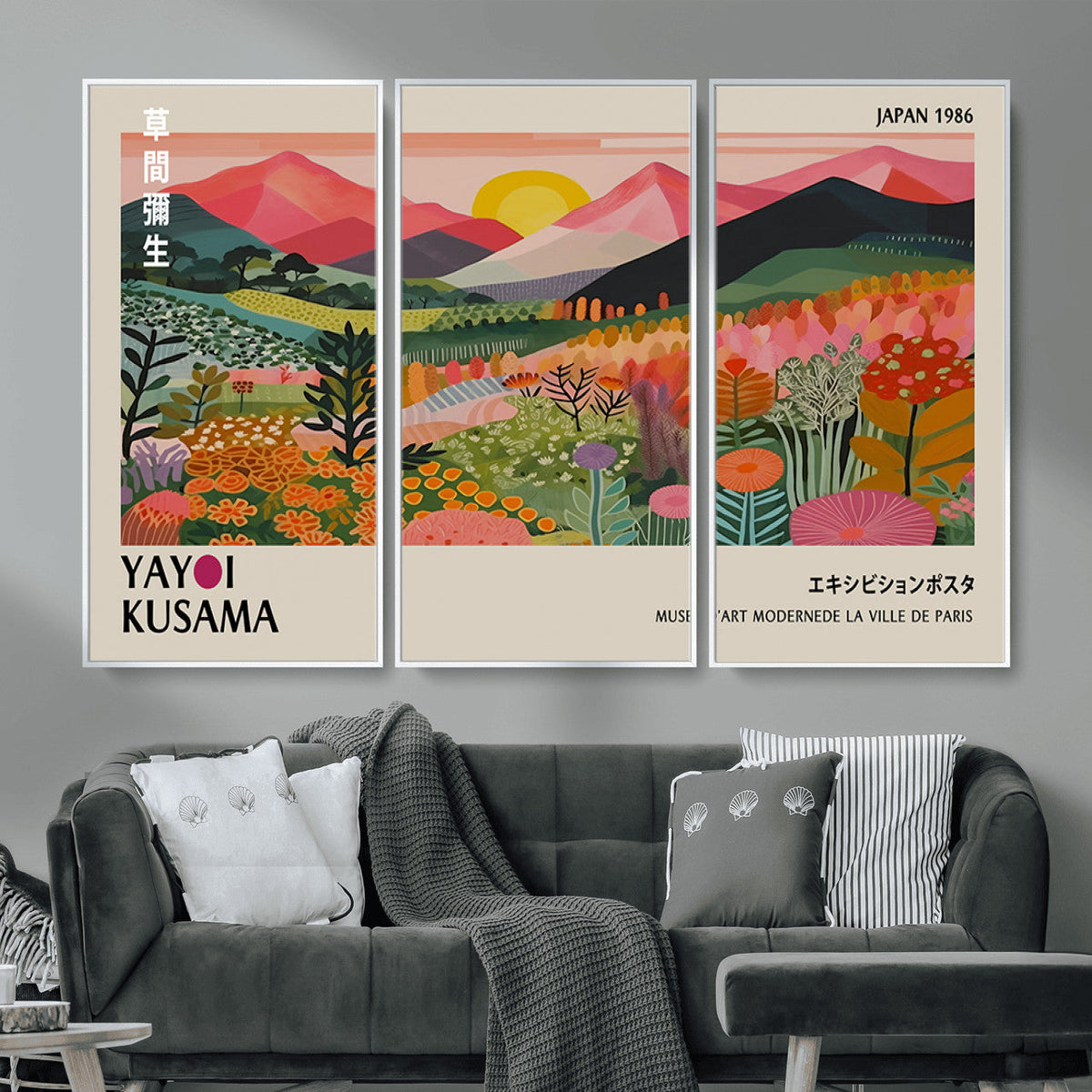 Yayoi Kusama Landscape Canvas Print, Vibrant Floral Mountain Art Print, Framed Botanical Wall Art -