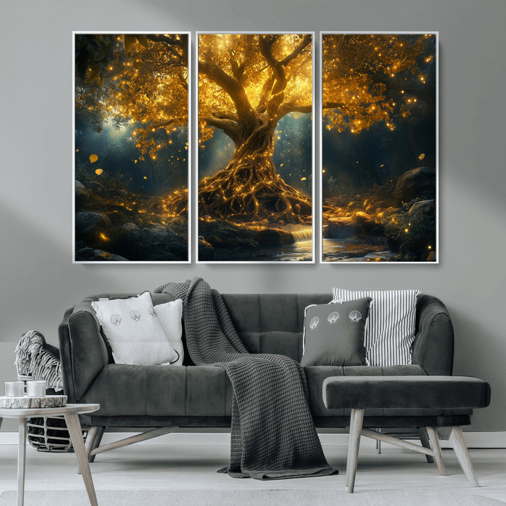 Golden Tree of Life Canvas Wall Art Print - Majestic Glowing