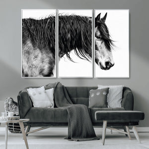 Majestic Horse Wall Art – Framed Black White Portrait Canvas