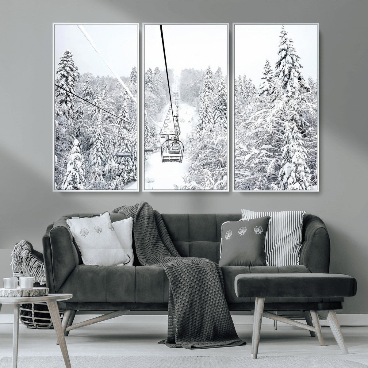 Snowy Ski Lift Wall Art – Framed Winter Mountain Canvas
