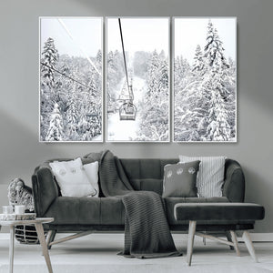 Snowy Ski Lift Wall Art – Framed Winter Mountain Canvas