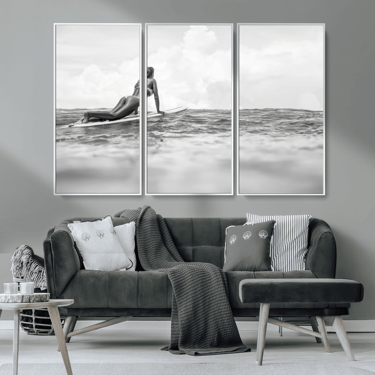 Black and White Surfing Wall Art Canvas Print – Framed Ocean