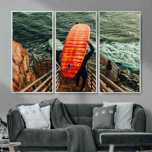 Surfer Stairway Wall Art – Framed Ocean Surf Canvas Artwork,