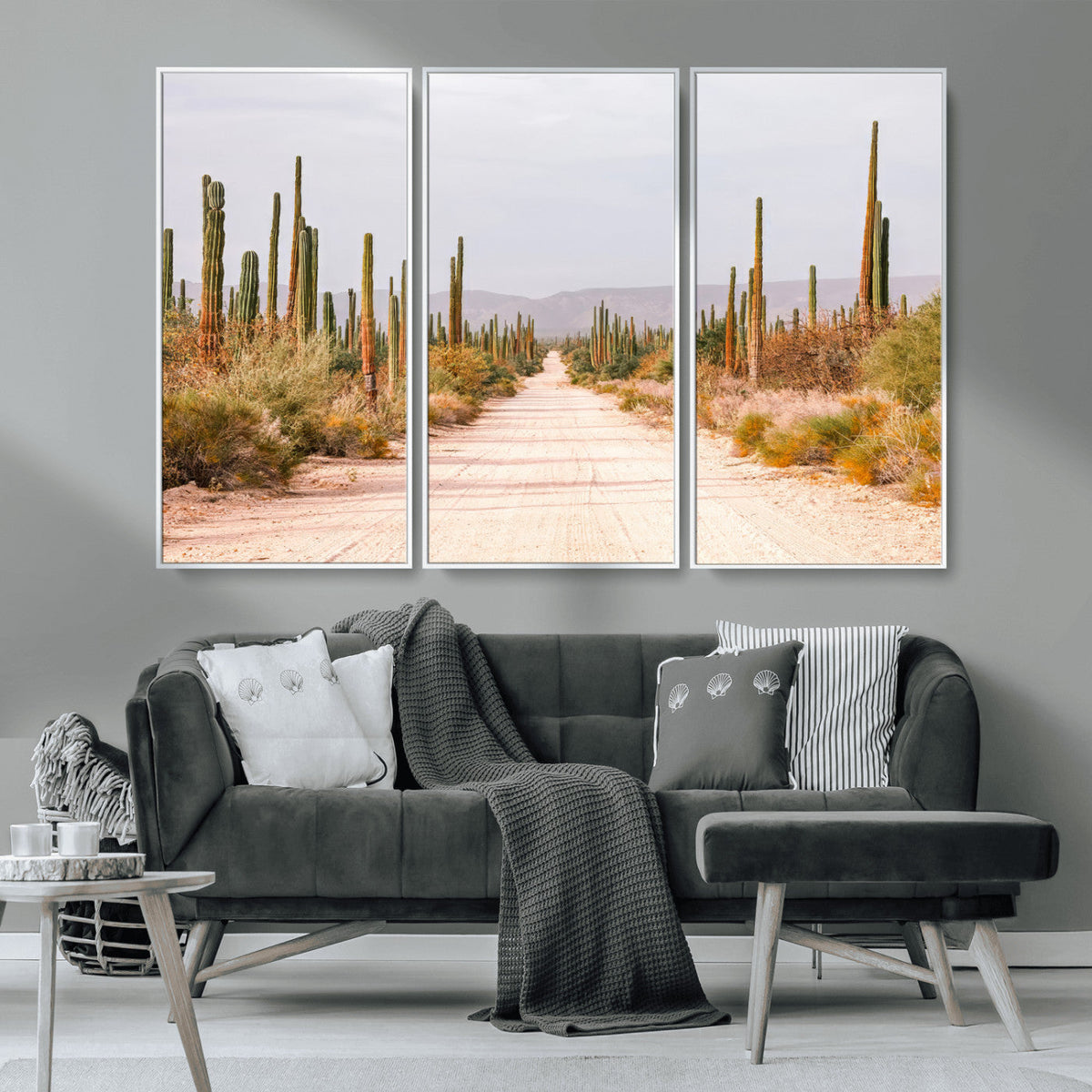 Desert Cactus Lined Road Wall Art Canvas Print – Framed