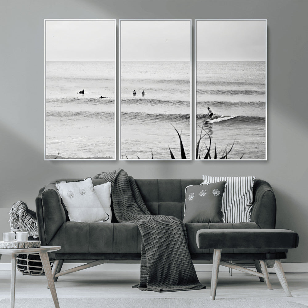 Surfer Silhouette Wall Art – Framed Calm Ocean Canvas