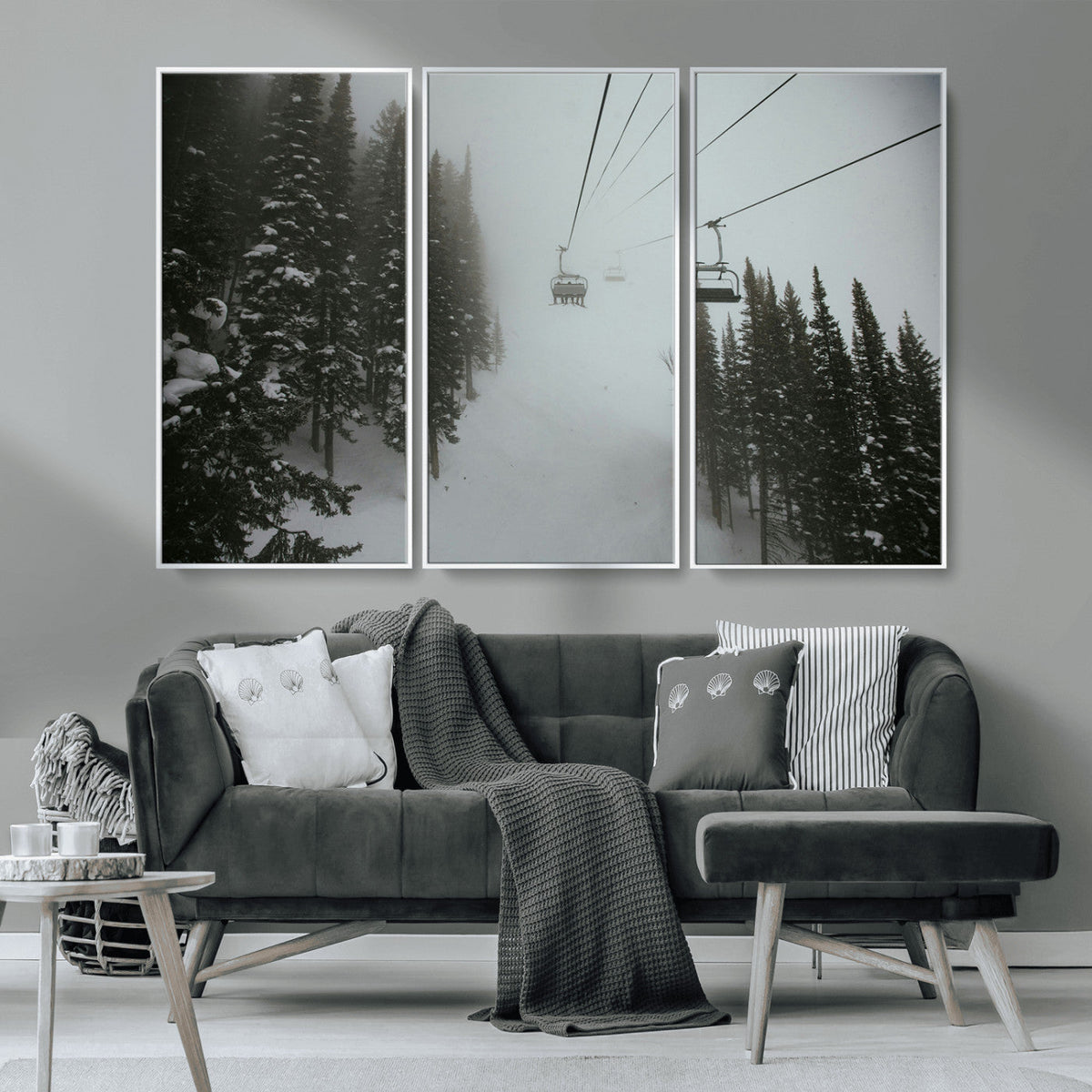 Ski Lift Wall Art Canvas Print – Snowy Pines Misty Landscape