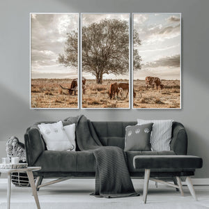 Texas Longhorn Cattle Wall Art, Rustic Western Ranch Canvas