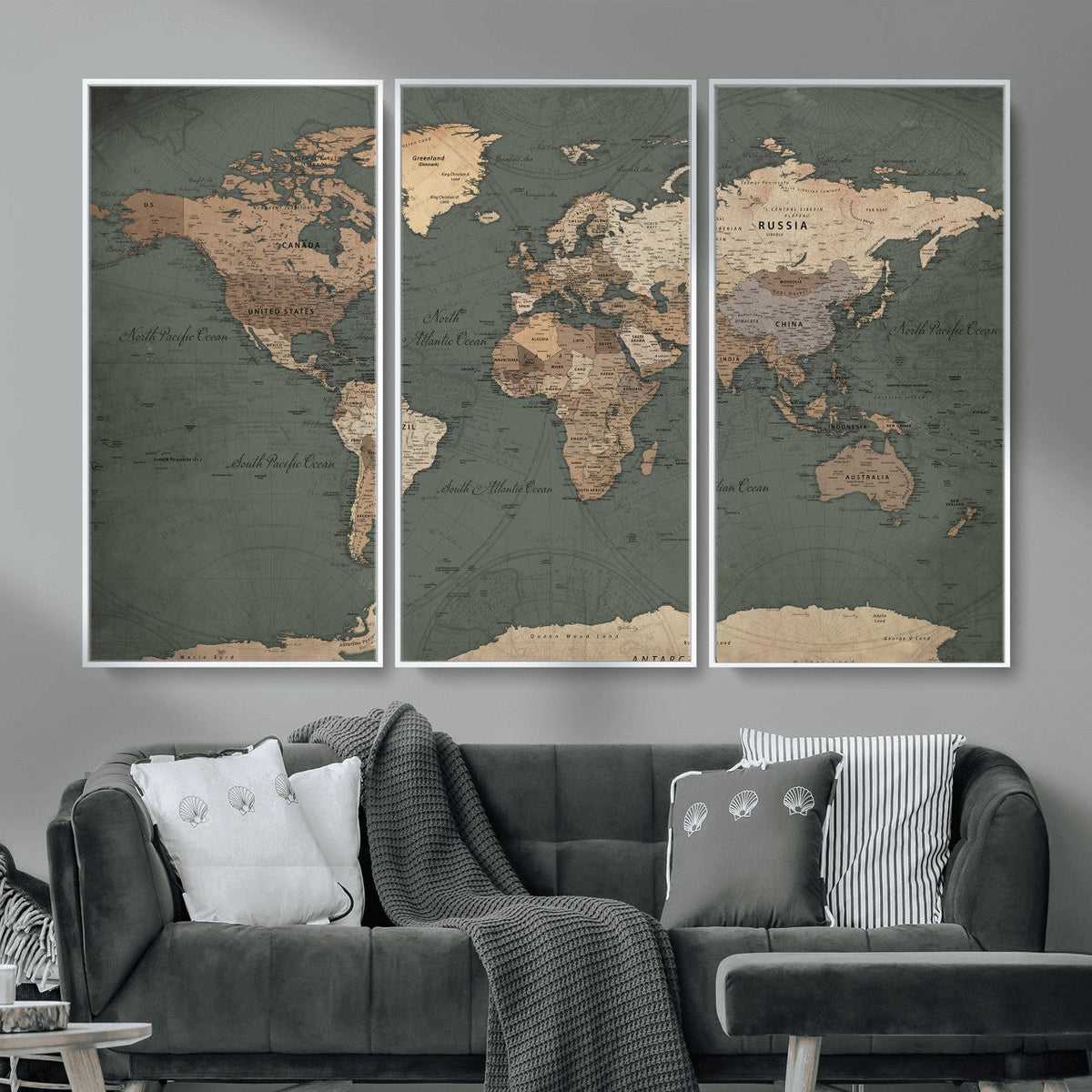 Rustic Black and Wood World Map Canvas Wall Art – Framed