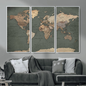 Rustic Black and Wood World Map Canvas Wall Art – Framed