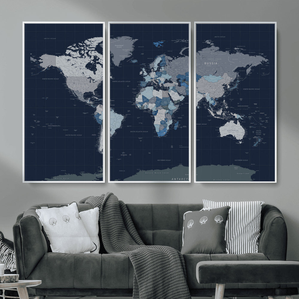 Blue Detailed World Map Wall Art Canvas Print, Modern Framed