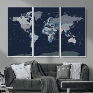 Blue Detailed World Map Wall Art Canvas Print, Modern Framed