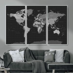 Black World Map Wall Art Canvas Print – Detailed Map of the