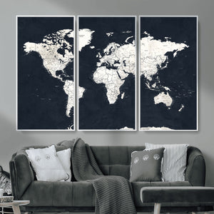 Black World Map Wall Art Canvas Print for Home Office and