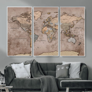 Grunge World Map Canvas Wall Art - Vintage Aged World Map