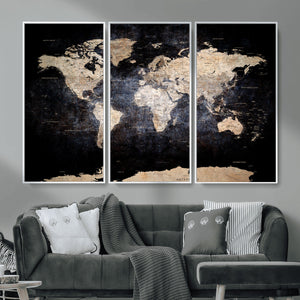 Grunge World Map Wall Art | 3-Panel Large Beige and Brown