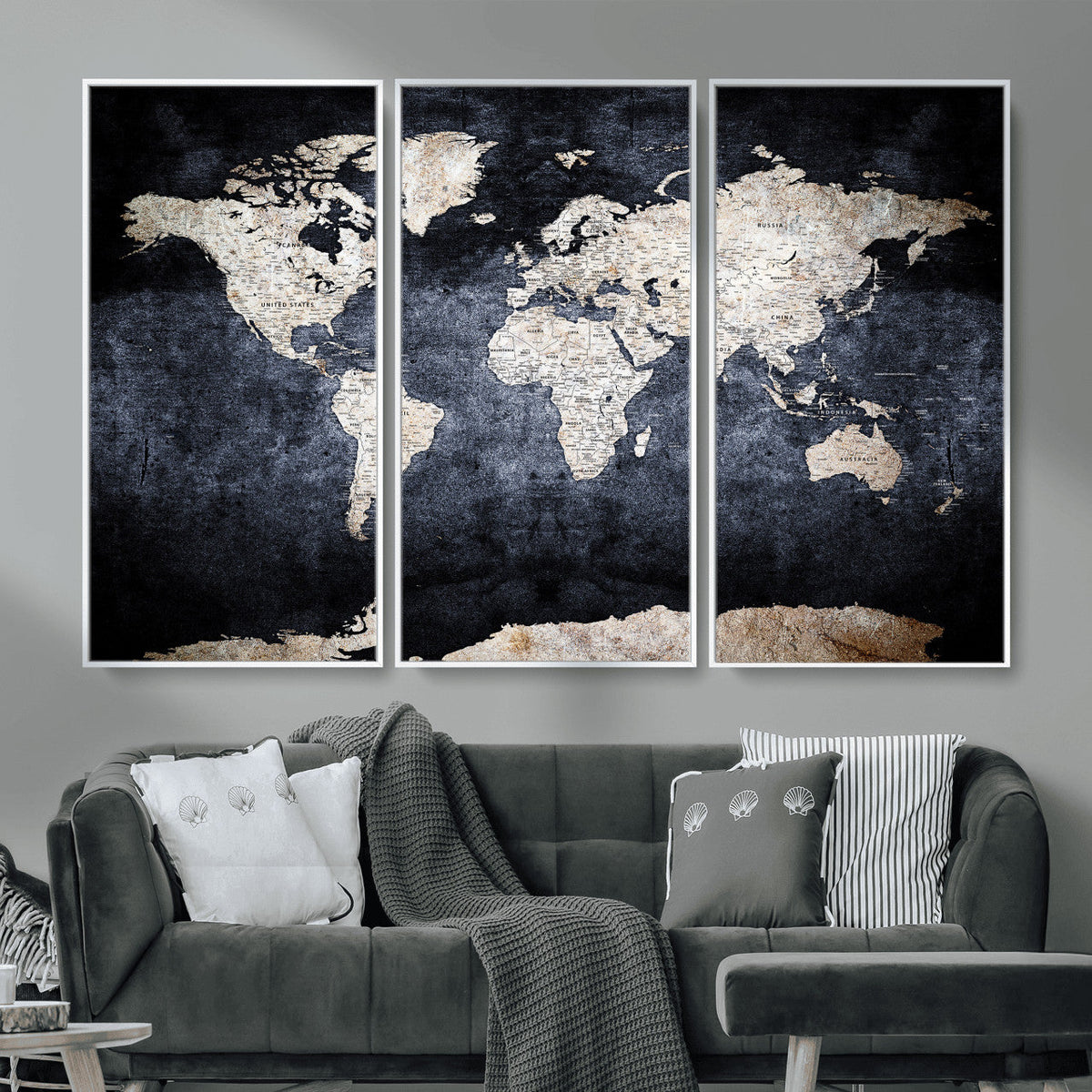 Vintage World Map Canvas Wall Art – Antique Triptych Map