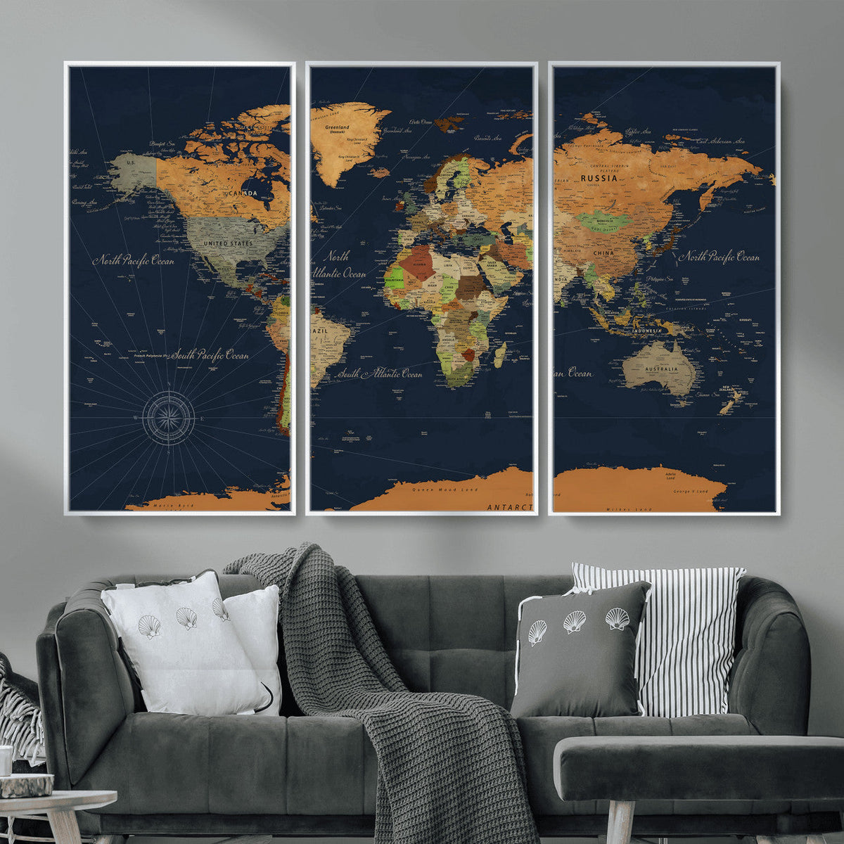 Modern World Map Canvas Print – Framed Detailed Map of the