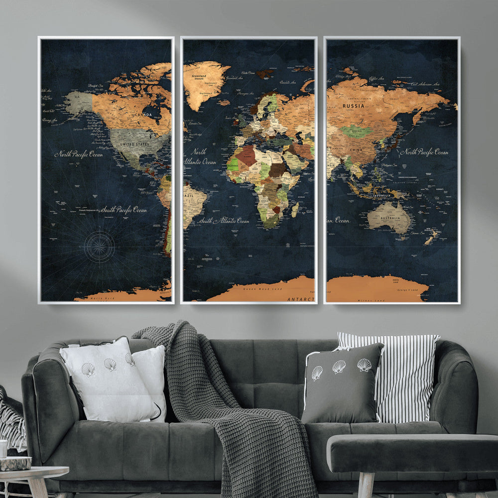 Vintage World Map Canvas Wall Art – Detailed Map with
