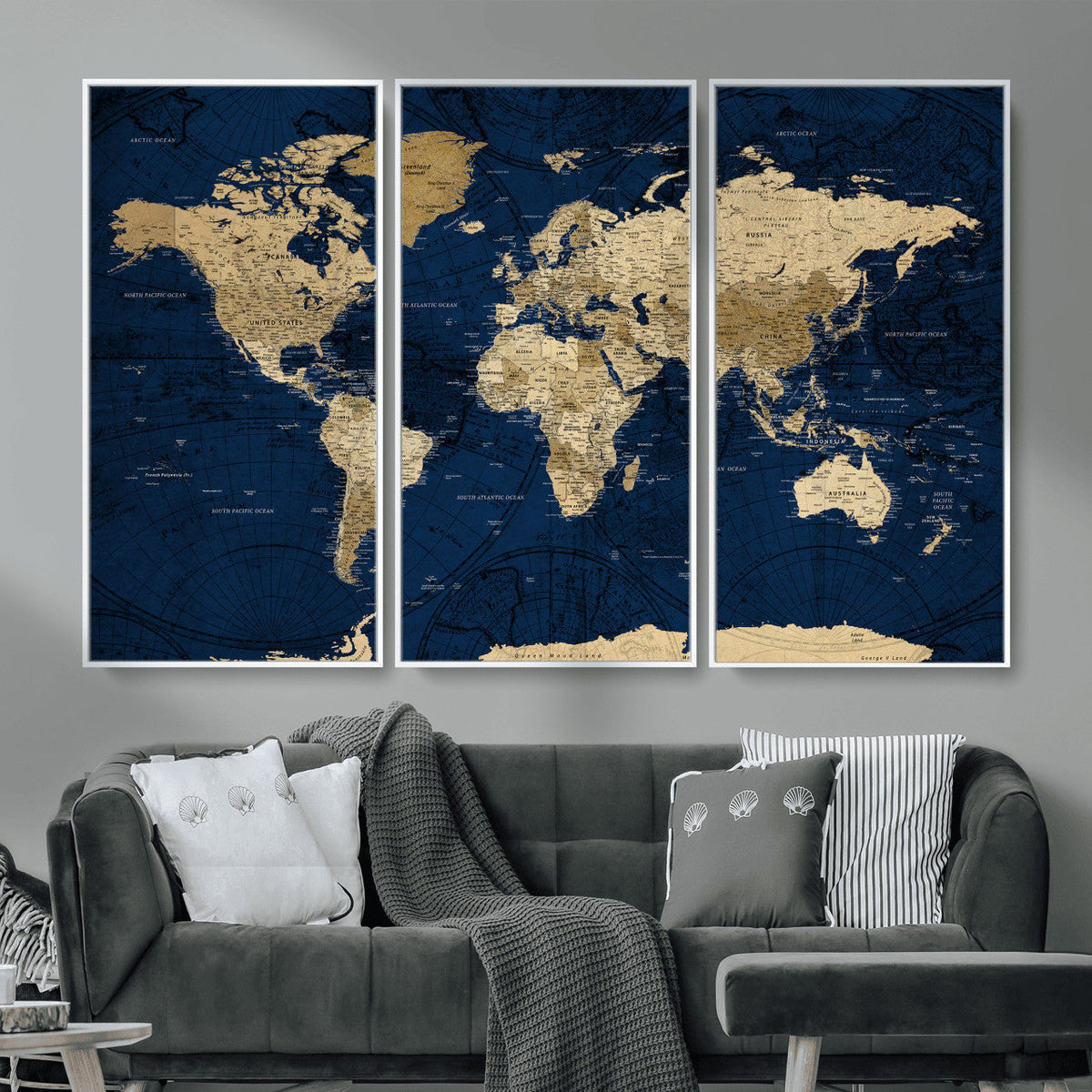 Navy Blue World Map Canvas Print – Detailed Map Minimal Navy