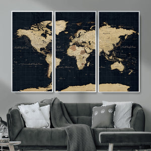 Dark World Map Canvas Wall Art Print, Minimal Black and Gold