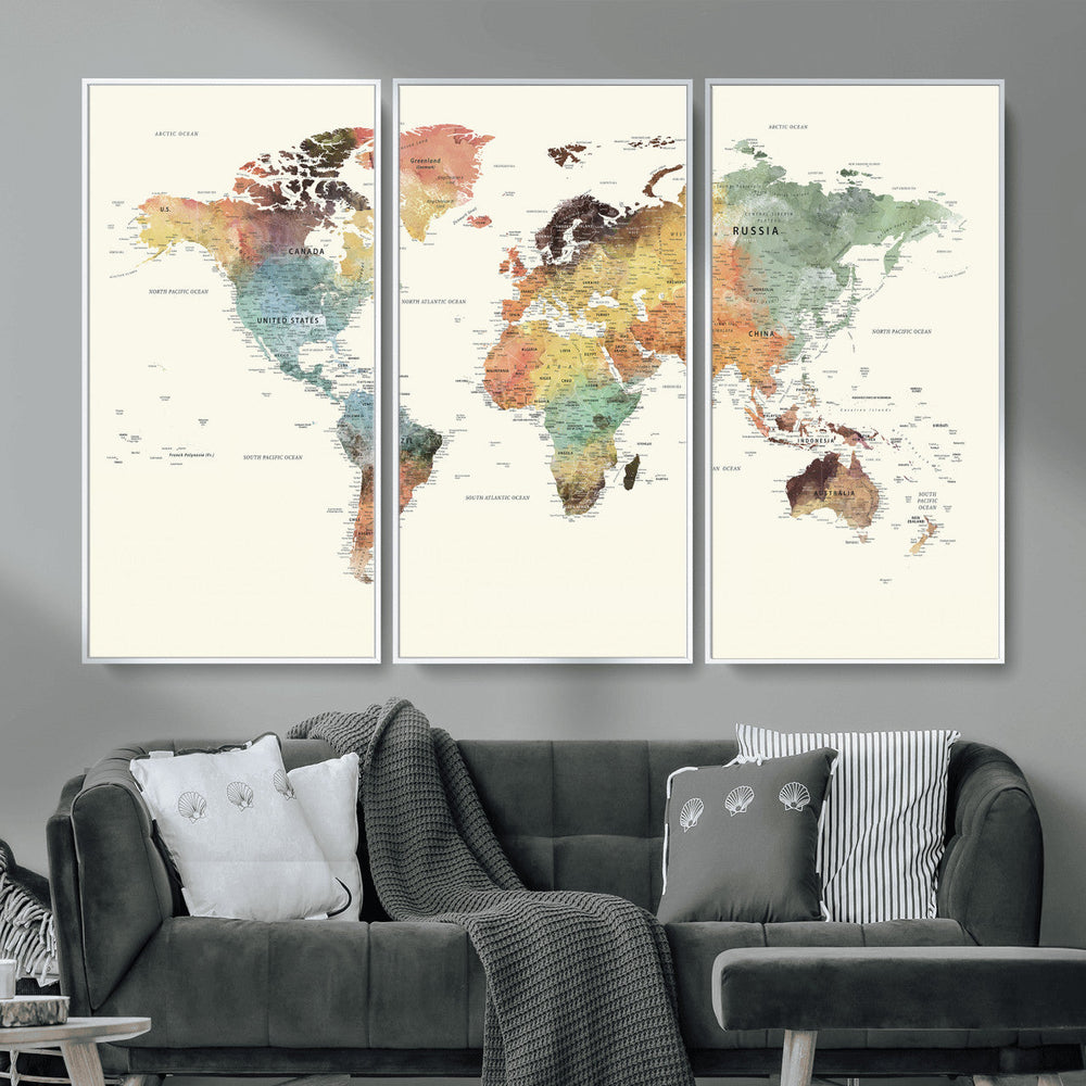 Framed World Map Wall Art Canvas Print for Living Room and
