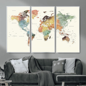 Framed World Map Wall Art Canvas Print for Living Room and