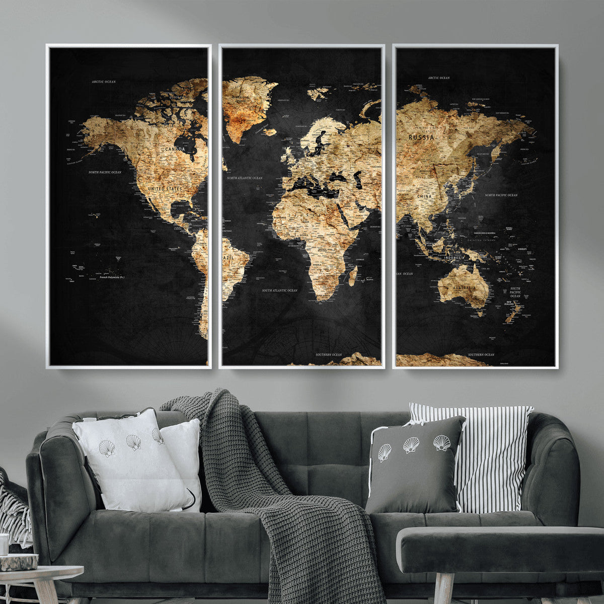 World Map Canvas Wall Art with Famous Landmarks – Framed