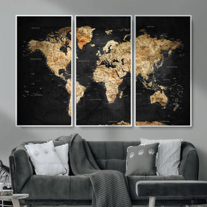 World Map Canvas Wall Art with Famous Landmarks – Framed