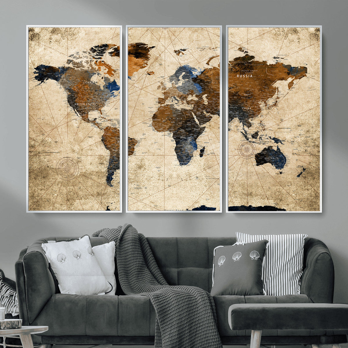 World Map Wall Art – Rustic Earth Tone Canvas Print, Antique