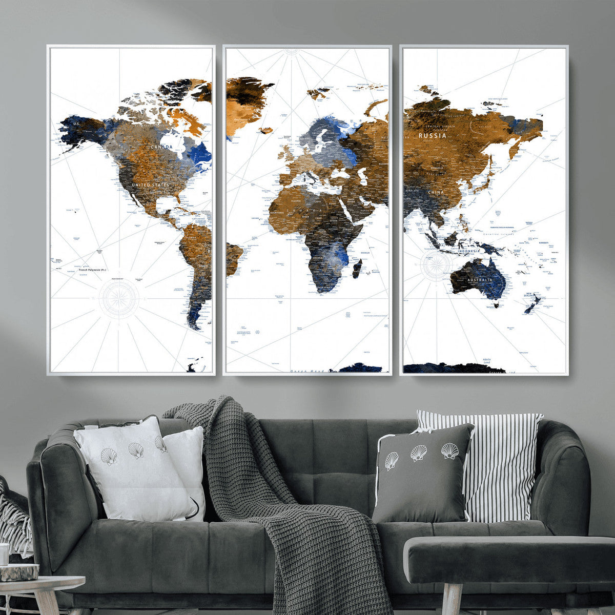World Map Wall Art Canvas Print, Modern Decorative Framed