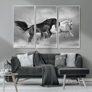 Wild Horses Wall Art Canvas Print – Framed Black and White