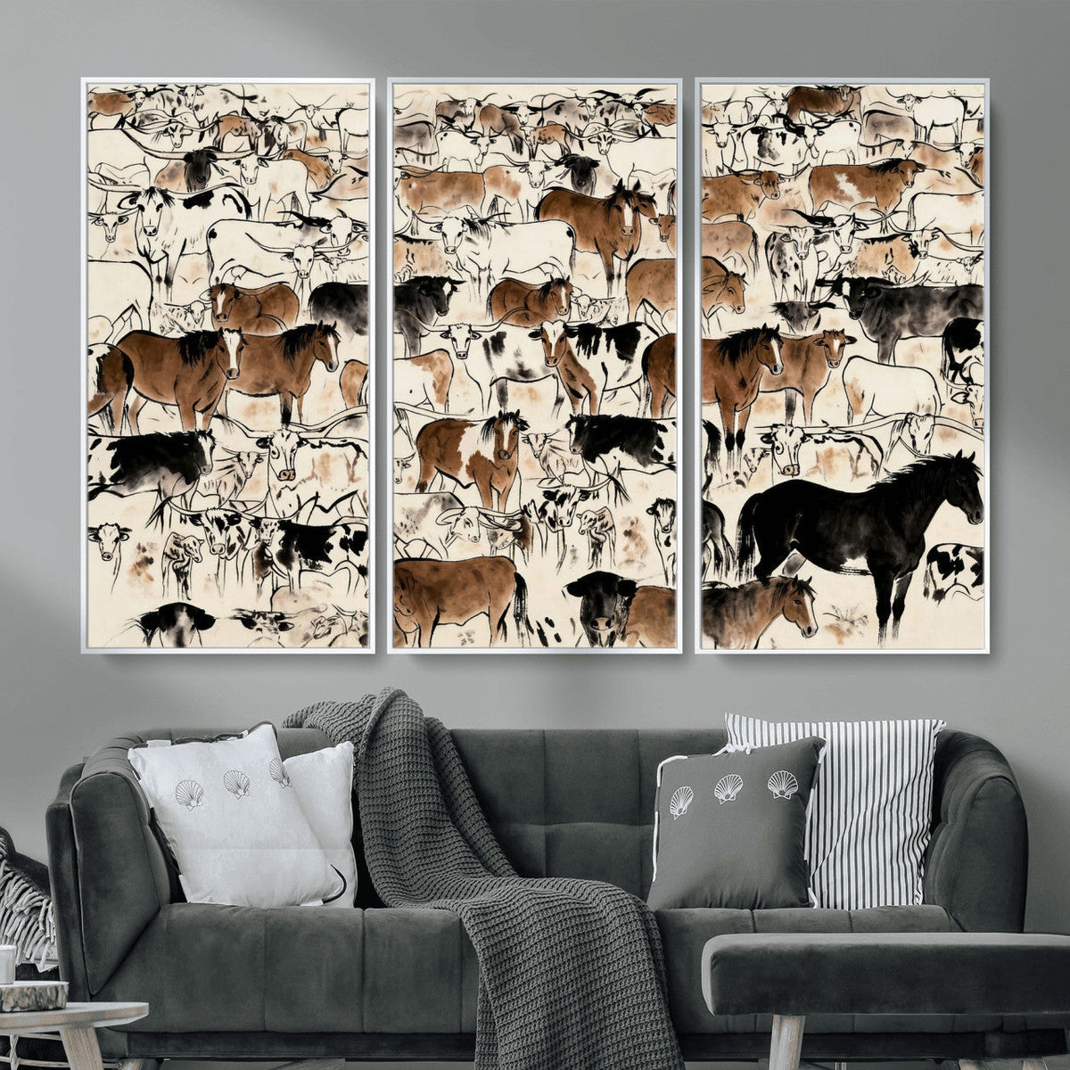 Farmhouse Animals Horse Longhorn Cow Wall Art Canvas Print -