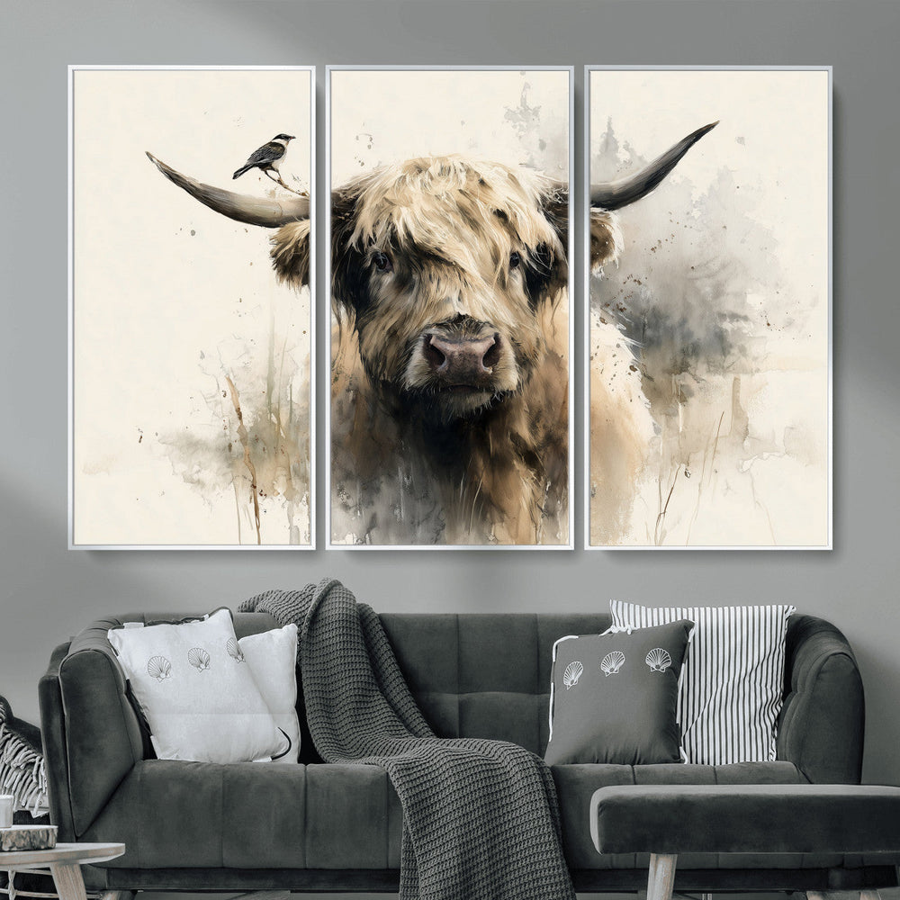 Abstract Highland Cow Wall Art Canvas Print, Rustic Farm