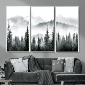 Misty Pine Forest Mountain Landscape Wall Art Canvas Print