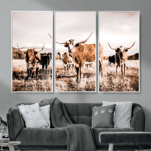 Texas Longhorn Cattle Wall Art Canvas Print, Sepia Western