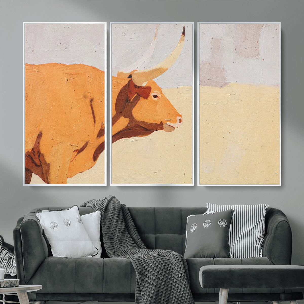 Minimal Longhorn Bull Wall Art Canvas Print, Neutral Western