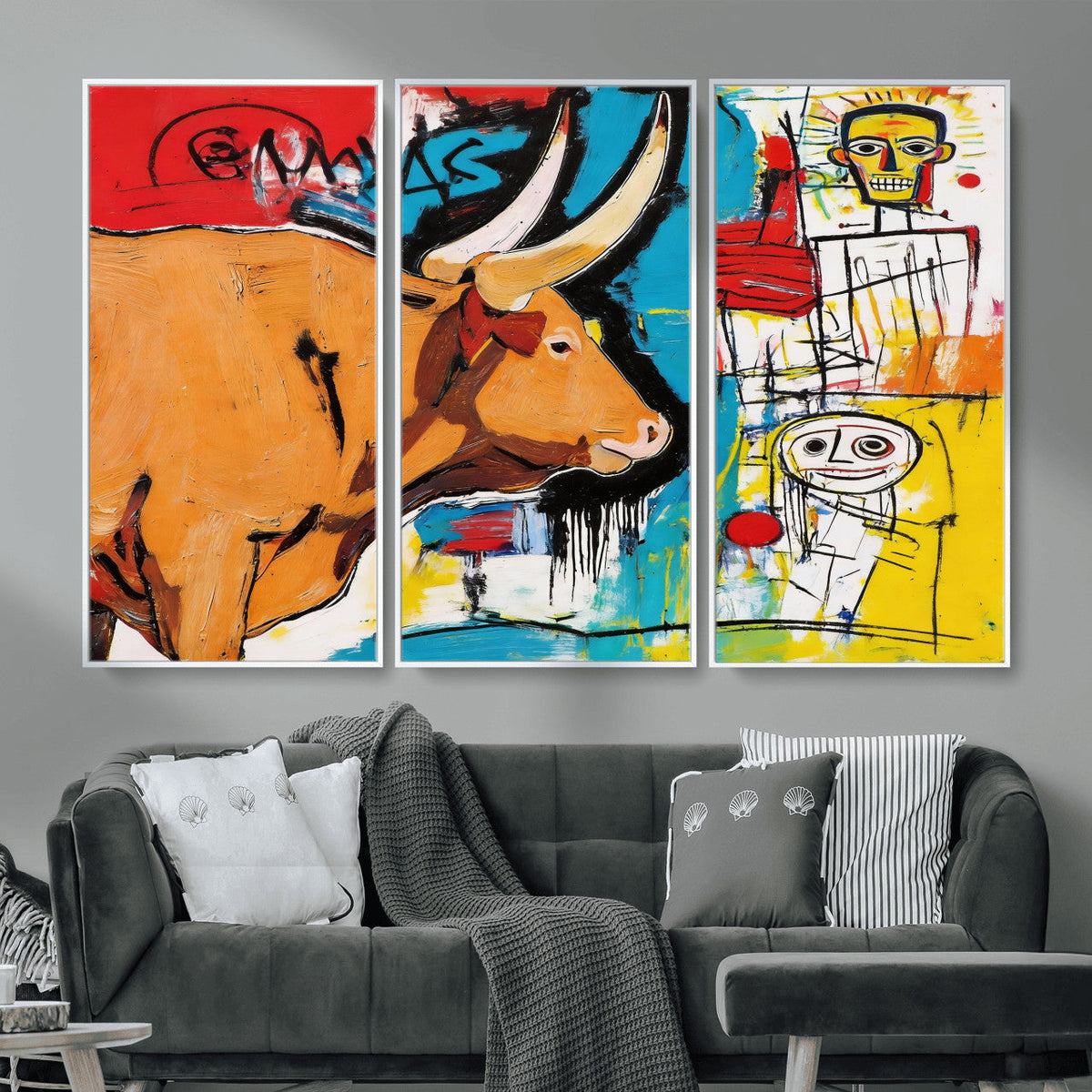 Basquiat Style Bull Graffiti Wall Art Canvas Print, Street