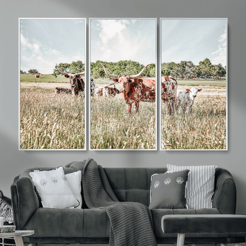 Texas Longhorn Cattle Wall Art Canvas Print, Rustic Ranch