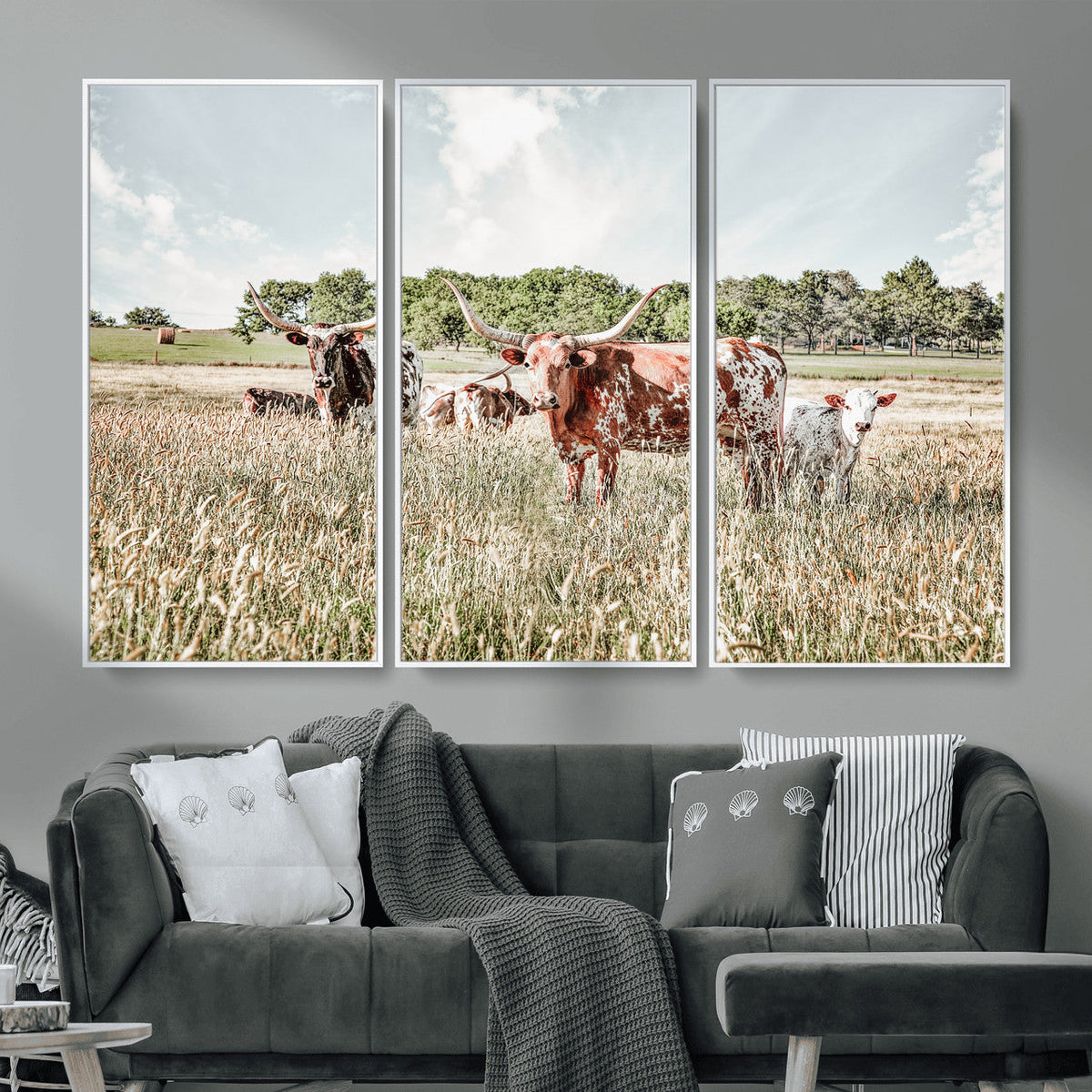 Texas Longhorn Cattle Wall Art Canvas Print, Rustic Ranch