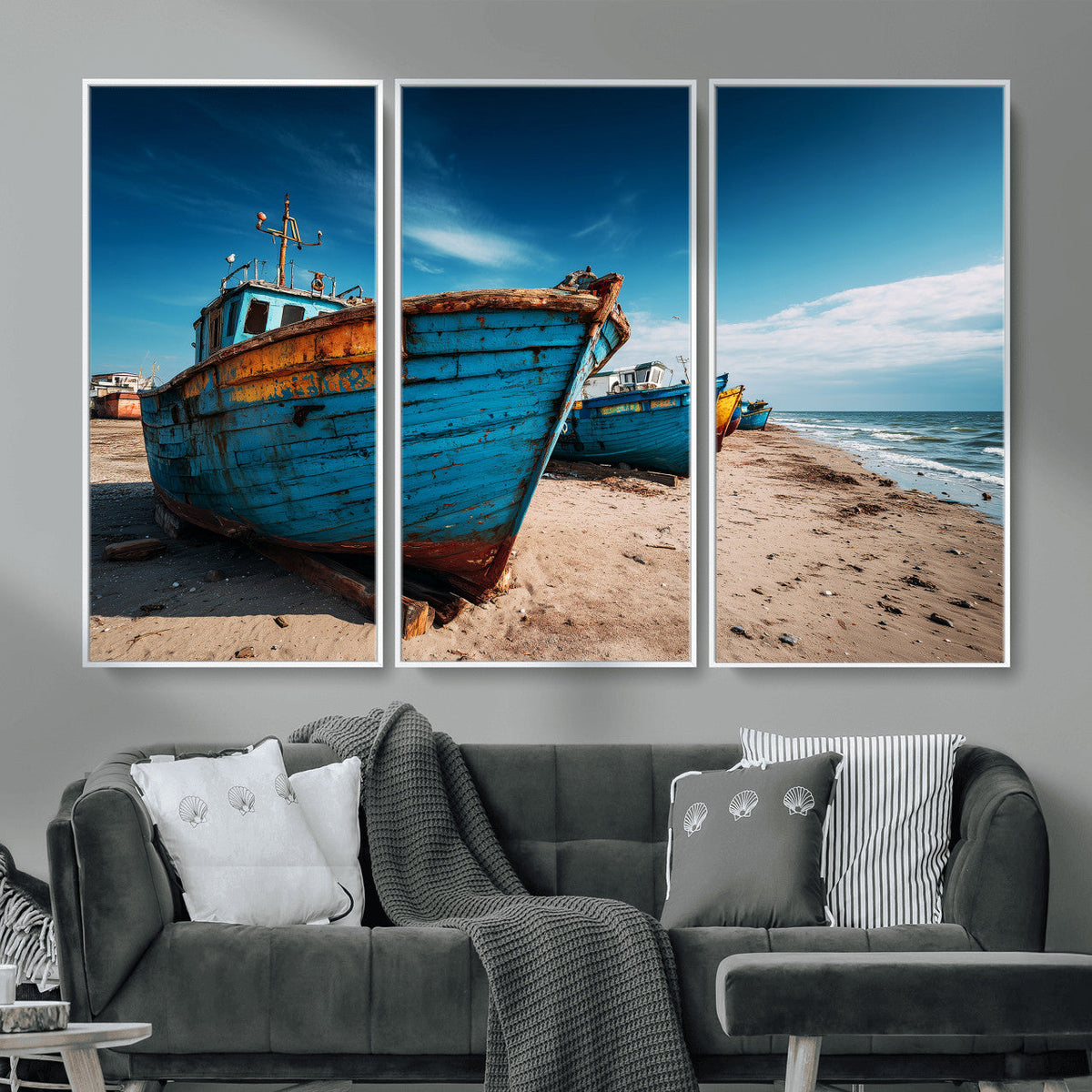 Coastal Fishing Boats Wall Art Canvas Print, Sunset Beach