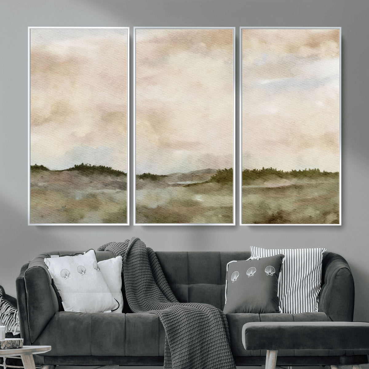 Muted Watercolor Hill Landscape Print — Beige Taupe Cloudy