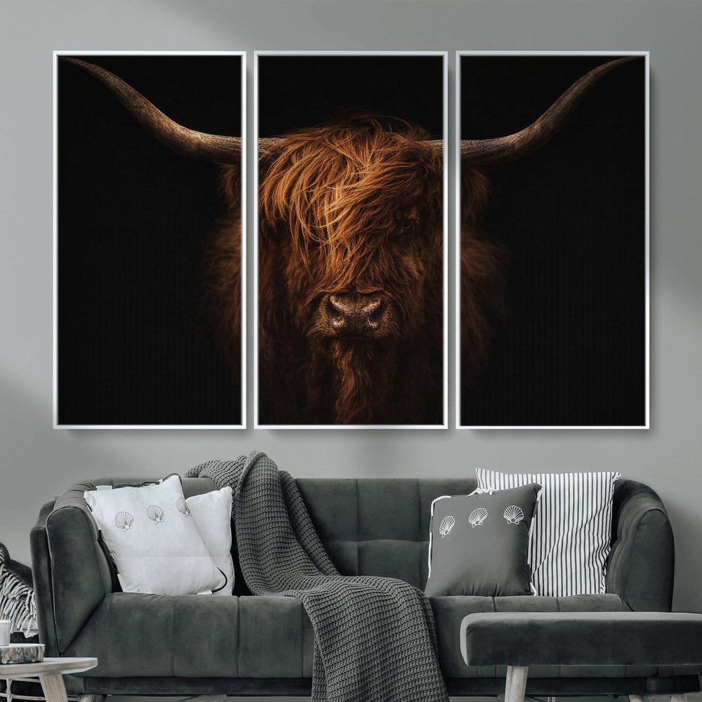 Highland Cow Wall Art Canvas Print – Moody Dark Rustic