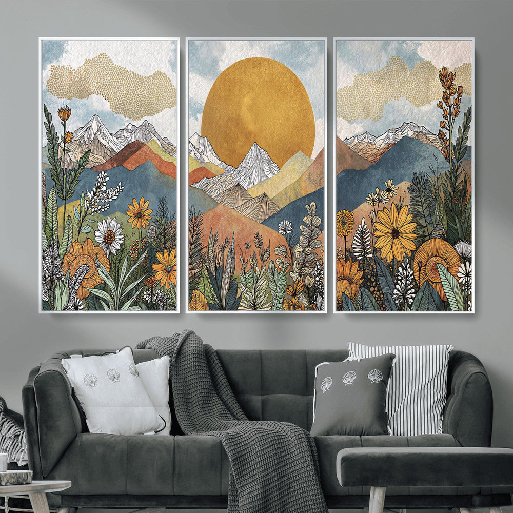 Boho Mountain Landscape Large Wall Art, Horizontal Gold