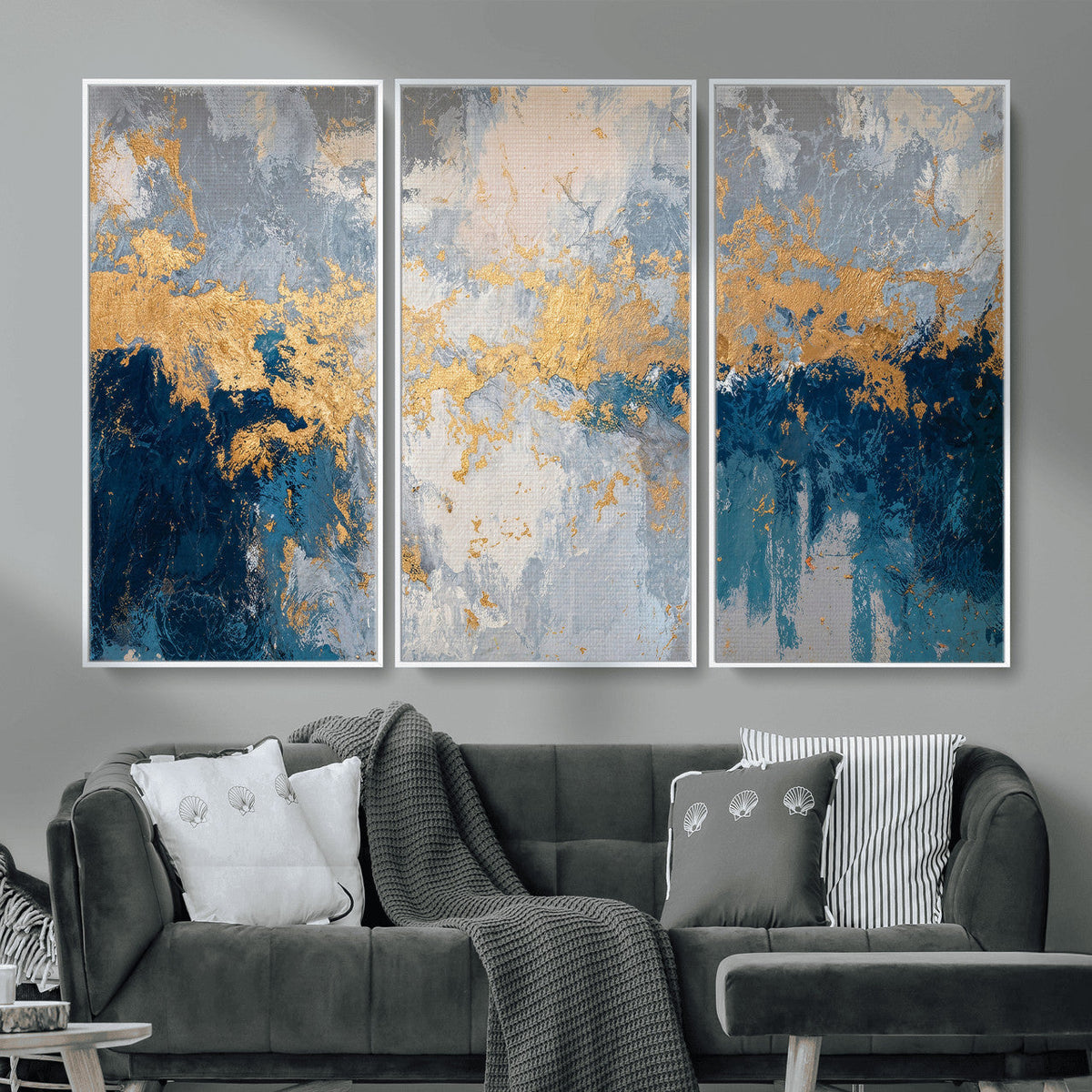 Blue Gold Abstract Large Framed Canvas Wall Art, Modern