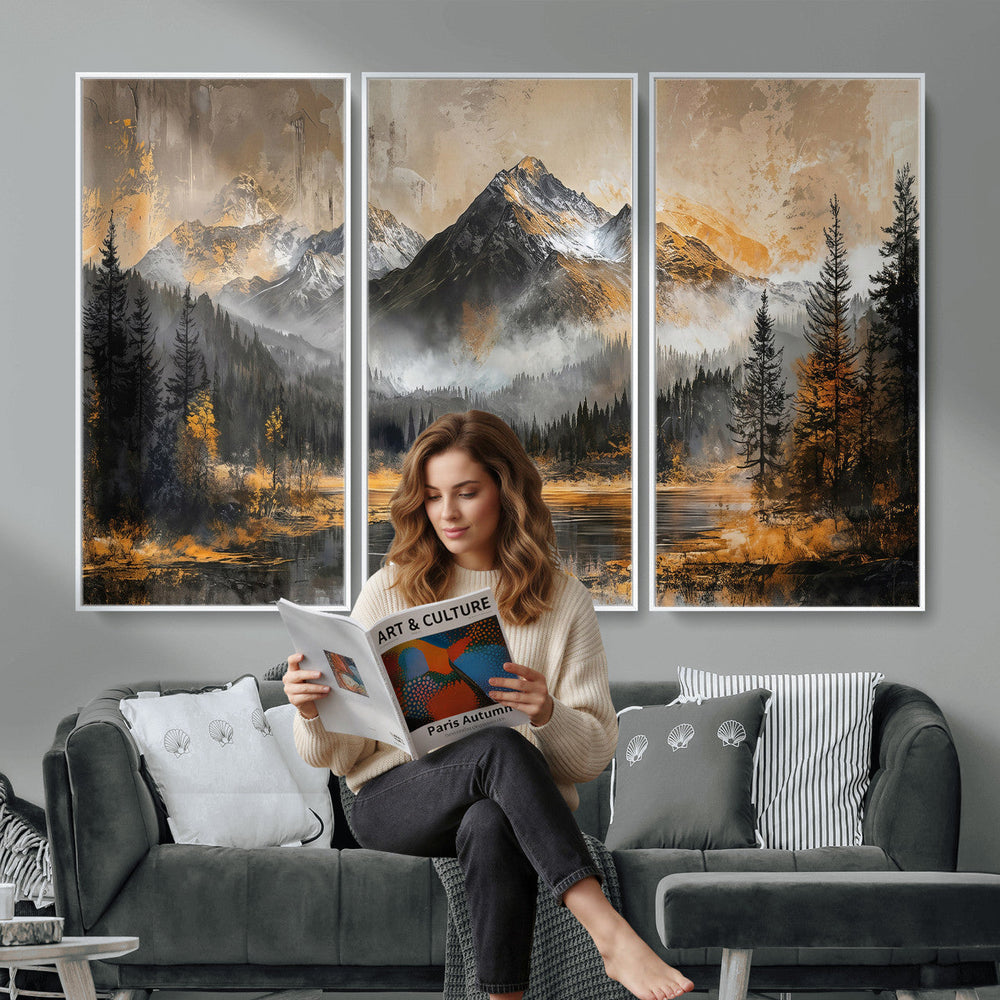 Mountain Lake Canvas Wall Art — Rustic Forest Landscape