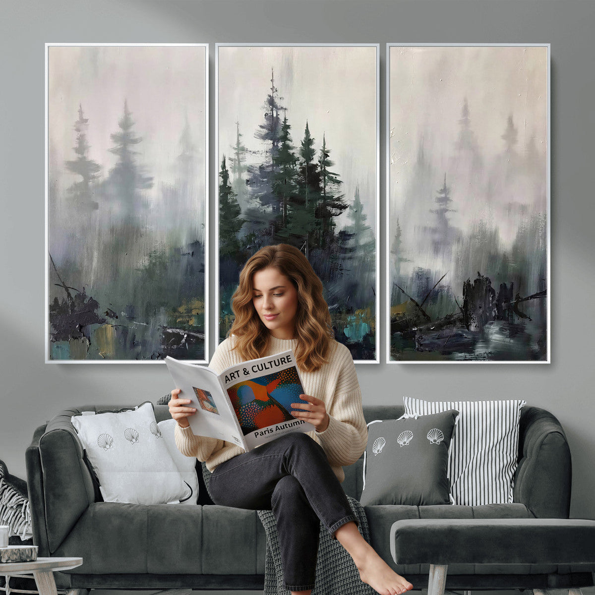 Misty Pine Forest Oil Painting Canvas — Dark Moody Teal Grey