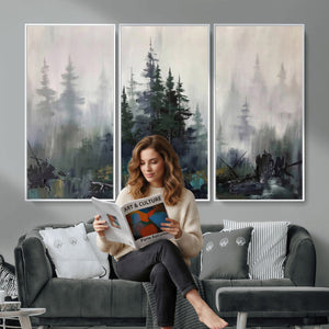 Misty Pine Forest Oil Painting Canvas — Dark Moody Teal Grey