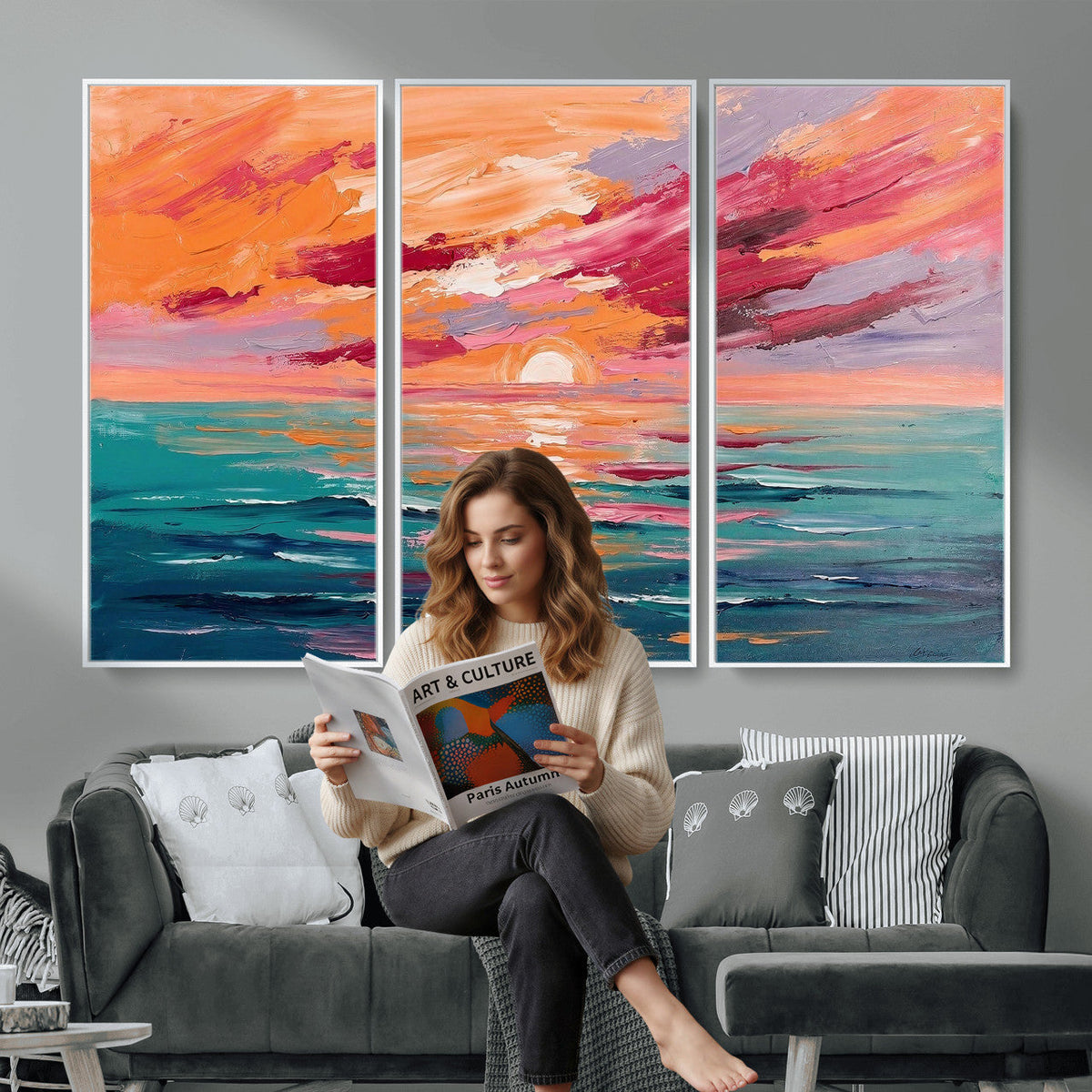 Bold Palette Knife Ocean Sunset Canvas — Orange Pink Teal